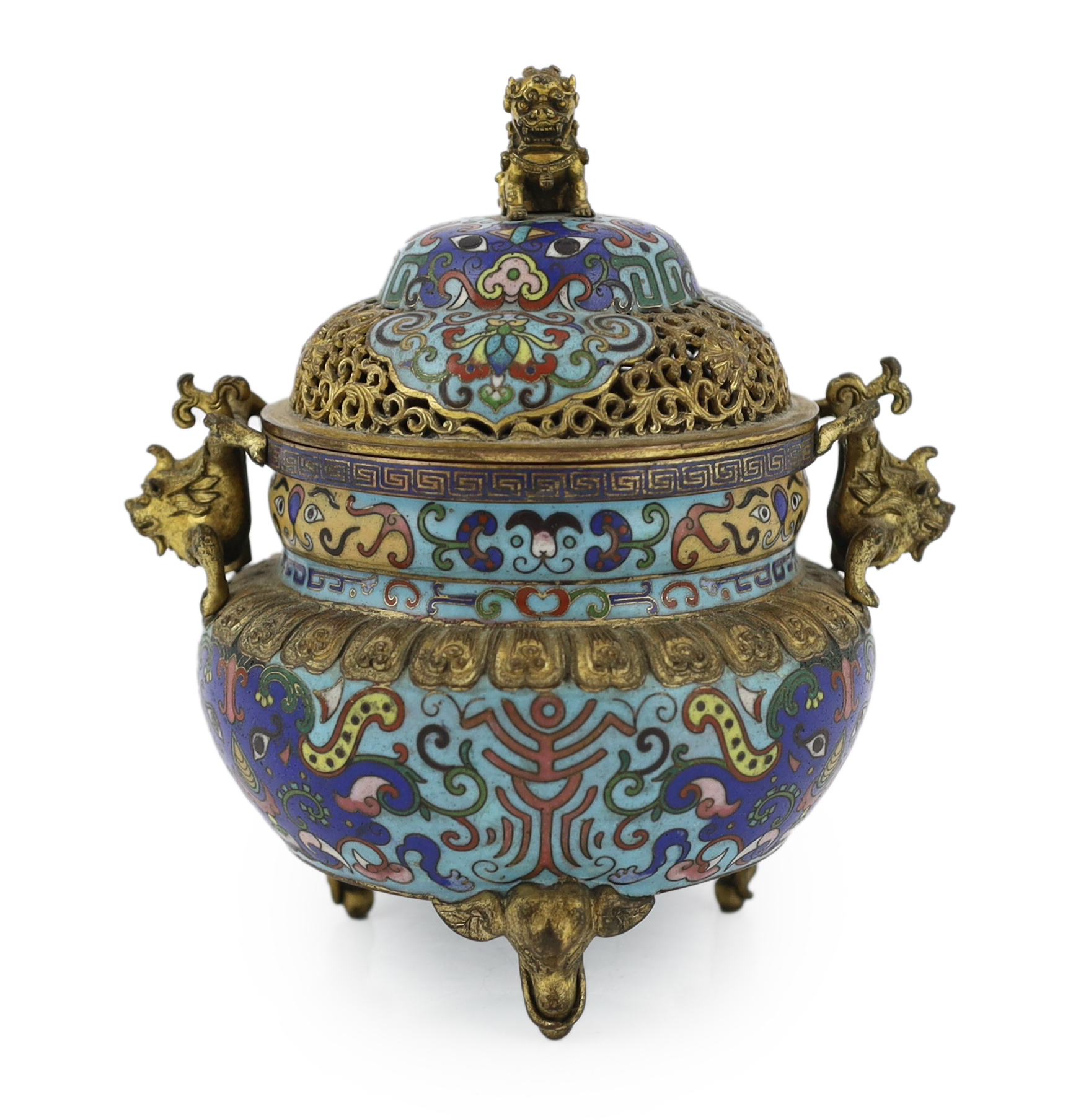 A Chinese cloisonné enamel and gilt bronze mounted censer and cover, 19th century, minor damage